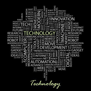 TECHNOLOGY. Seamless vector pattern with word cloud. clipart