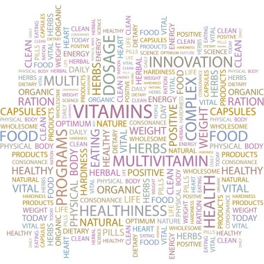 VITAMINS. Word collage on white background. Vector illustration. clipart