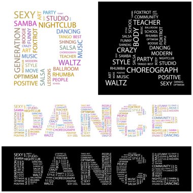 DANCE. letter collection. Illustration with different association terms. clipart