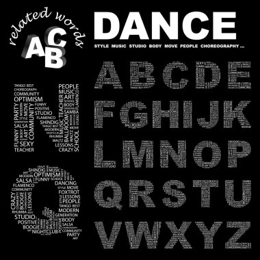 DANCE. letter collection. Illustration with different association terms. clipart