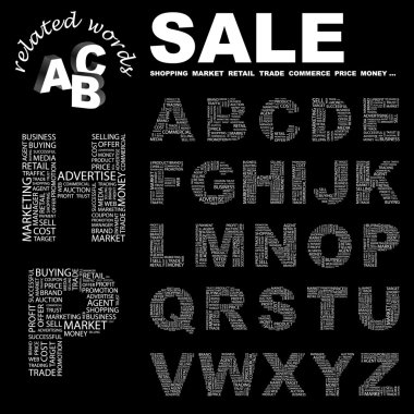 SALE. Word collection. Vector collage on black background. clipart