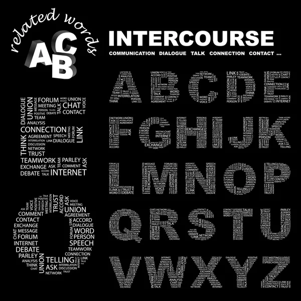 INTERCOURCE. collage palabra sobre fondo negro . — Vector de stock