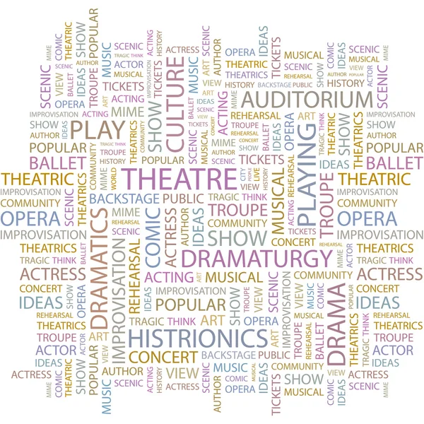 Du théâtre. Collage de mots sur fond noir. Illustration avec différents asso — Image vectorielle