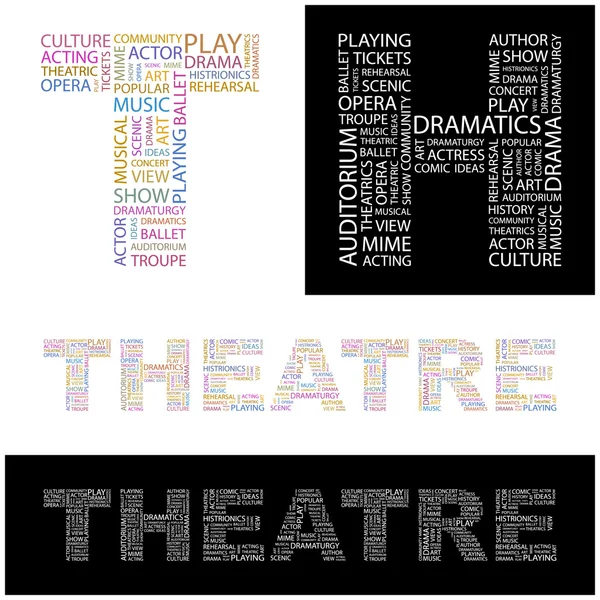 Teater. ordet collage på svart bakgrund. illustrationen med olika asso — Stock vektor
