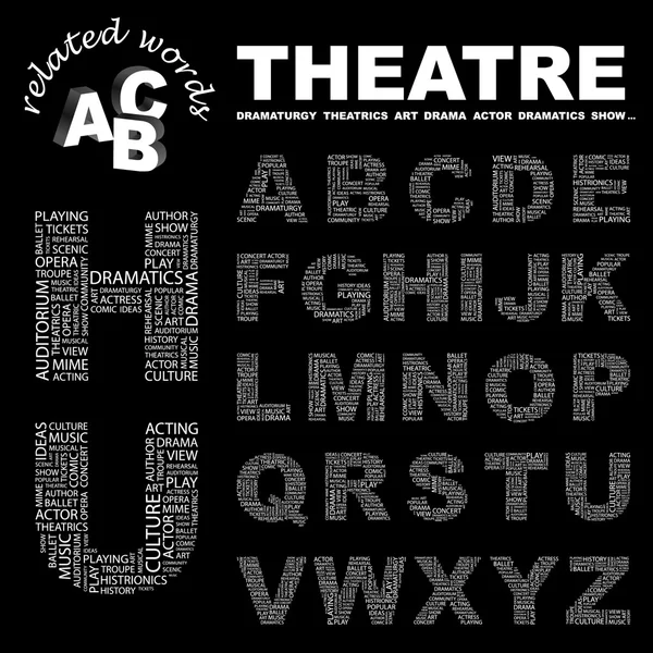Du théâtre. Collage de mots sur fond noir. Illustration avec différents asso — Image vectorielle