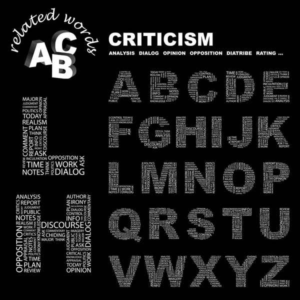 批判。黒の背景に単語のコラージュ. — ストックベクタ