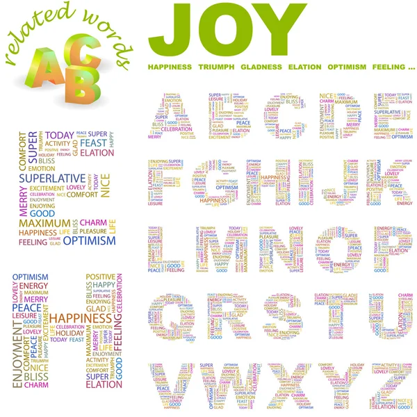 JOY. Vector letter collection. Illustration with different association term — Stock Vector