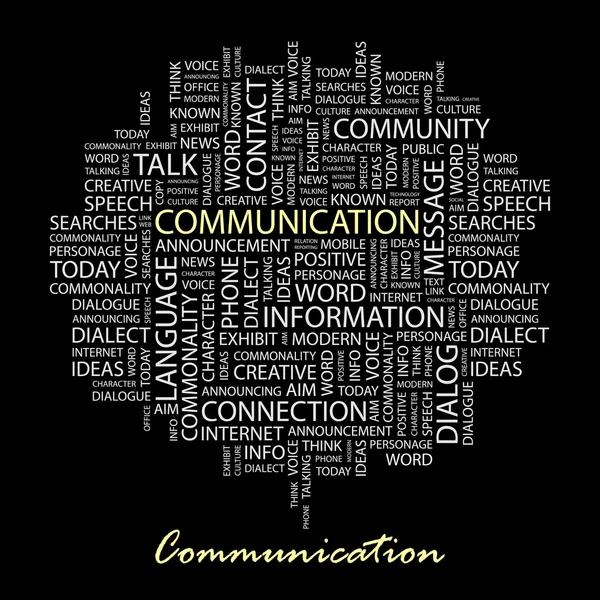 COMUNICAZIONE. Collage di parole su sfondo nero . — Vettoriale Stock