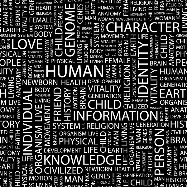 Ανθρώπινη. εικόνα με διαφορετική Ένωση όρους人間。黒の背景に単語のコラージュ. — ストックベクタ