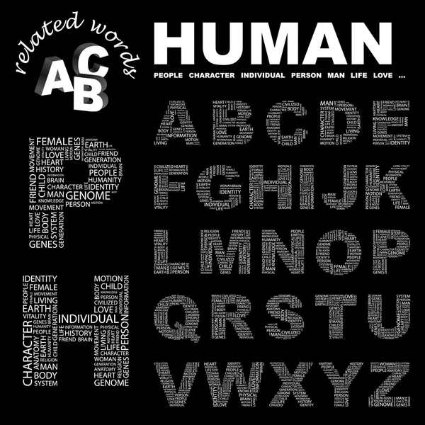 Ανθρώπινη. εικόνα με διαφορετική Ένωση όρους人間。黒の背景に単語のコラージュ. — ストックベクタ