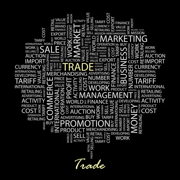 貿易。黒の背景に単語のコラージュ. — ストックベクタ