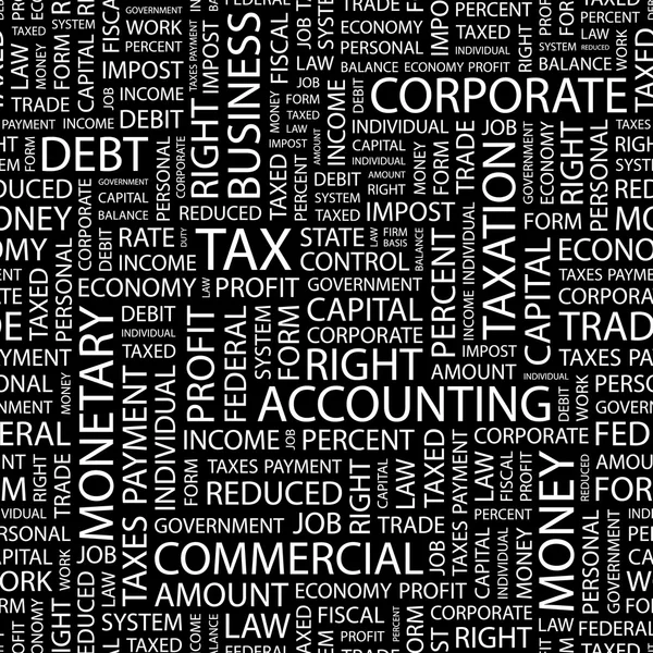Impuestos. collage palabra sobre fondo negro . — Archivo Imágenes Vectoriales