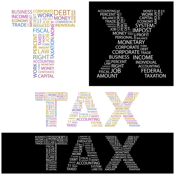 Impuestos. collage palabra sobre fondo negro . — Vector de stock