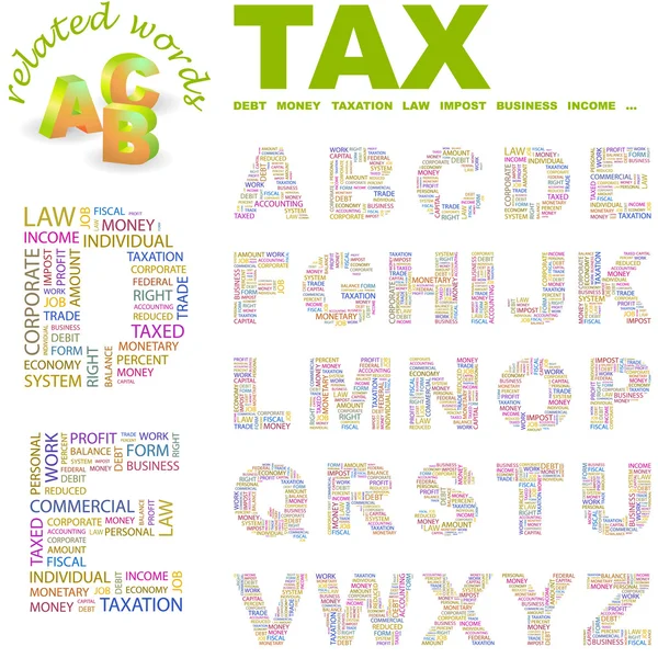 O TAX. Ilustração com diferentes termos de associação . — Vetor de Stock