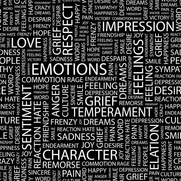 EMOZIONI. Collage di parole su sfondo nero . — Vettoriale Stock