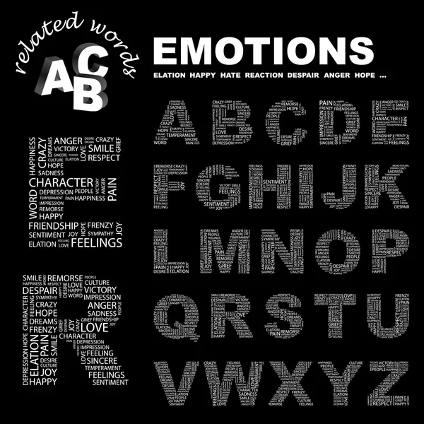 EMOCIONES. collage palabra sobre fondo negro . — Vector de stock