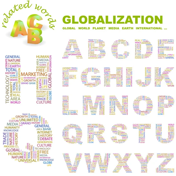 GLOBALIZACIÓN. Alfabeto. Ilustración con diferentes términos de asociación . — Vector de stock