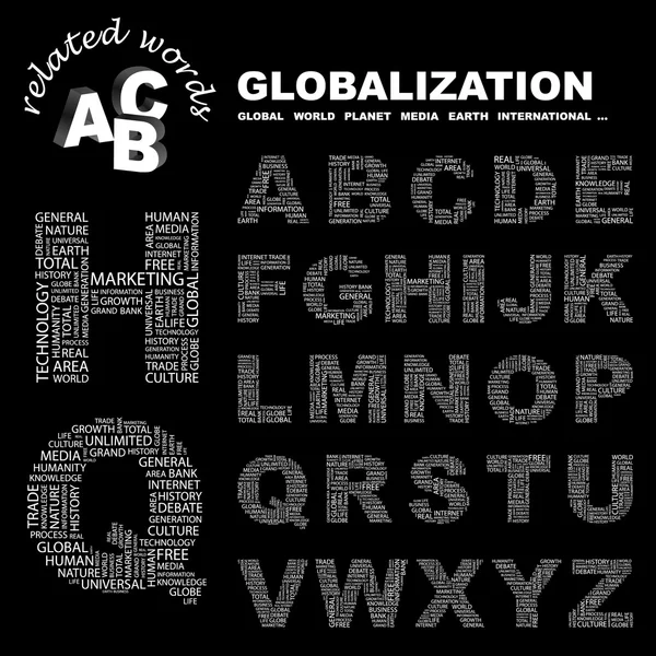 Küreselleşme. alfabe. resimde farklı ilişkilendirme terimleri. — Stok Vektör
