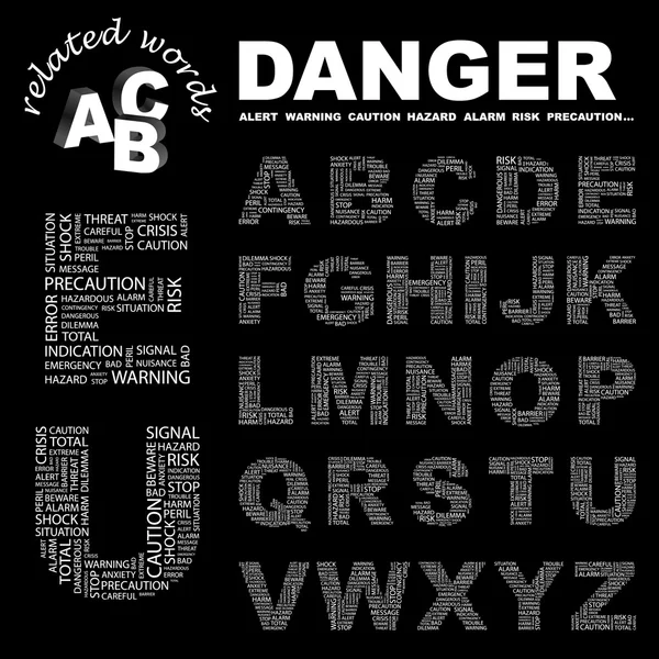 Pericolo. Collage di parole su sfondo nero . — Vettoriale Stock