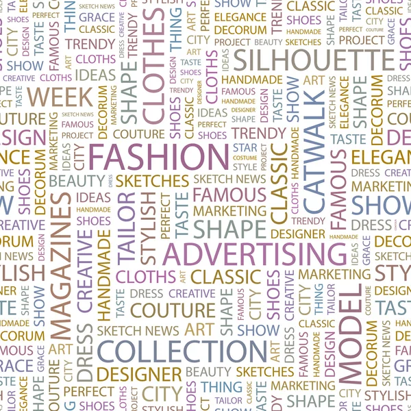 FASHION. Seamless vector pattern with word cloud. — Stock Vector
