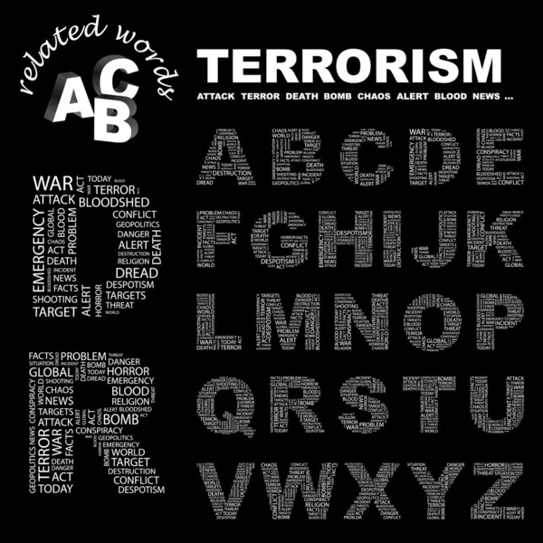 テロ。黒の背景に単語のコラージュ. — ストックベクタ