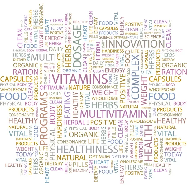 Vitamíny. slovo koláž na bílém pozadí. vektorové ilustrace. — Stockový vektor