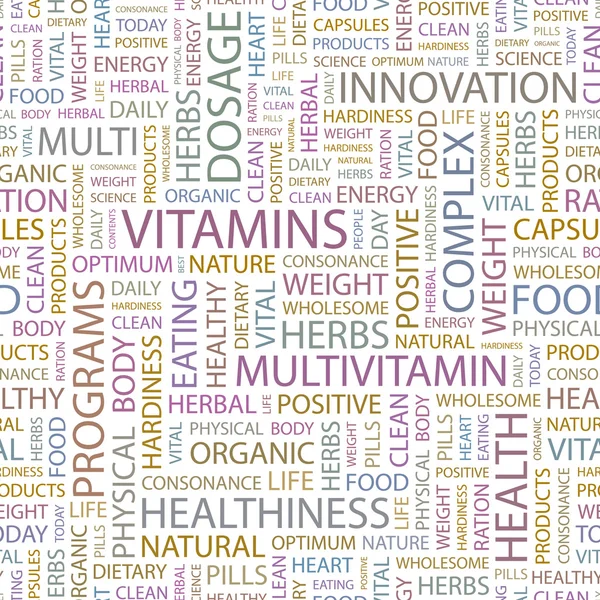 Vitaminer. ordet collage på vit bakgrund. vektor illustration. — Stock vektor