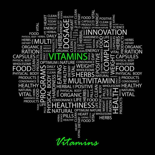 VITAMINS. Seamless vector pattern with word cloud. — Stock Vector