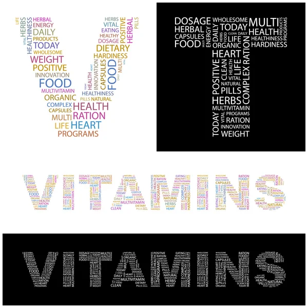 VITAMINS. letter collection. Illustration with different association terms. — Stock Vector