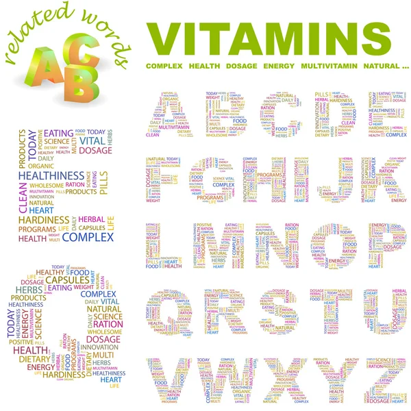 Vitamine. Wortcollage auf weißem Hintergrund. Vektorillustration. — Stockvektor
