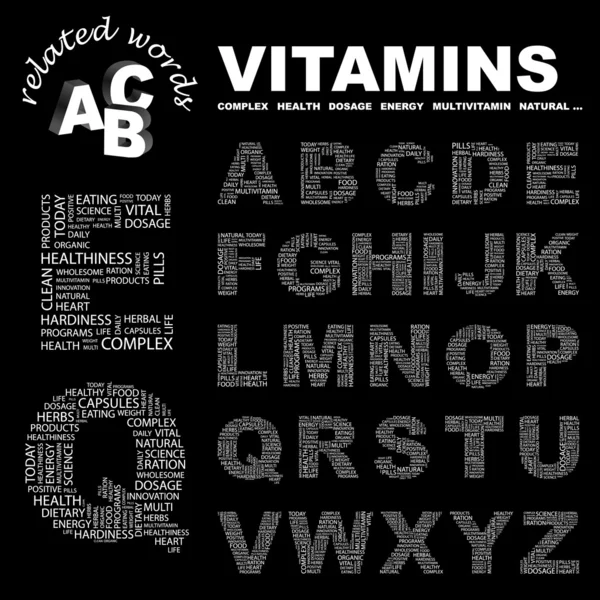 Vitamíny. dopis kolekce. ilustrace s různými asociace termíny. — Stockový vektor