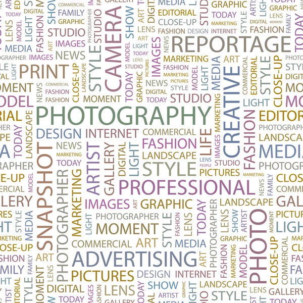 PHOTOGRAPHY. Seamless vector pattern with word cloud. — Stock Vector