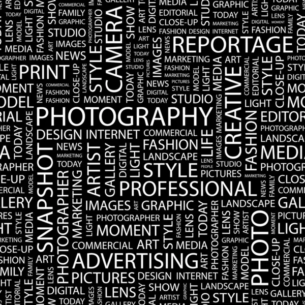 PHOTOGRAPHIE. Modèle vectoriel sans couture avec nuage de mots . — Image vectorielle