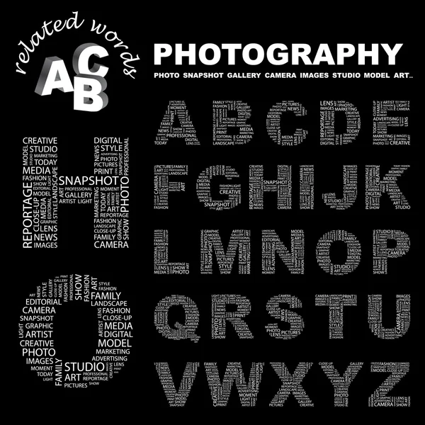FOTOGRAFÍA. collage palabra sobre fondo negro . — Vector de stock