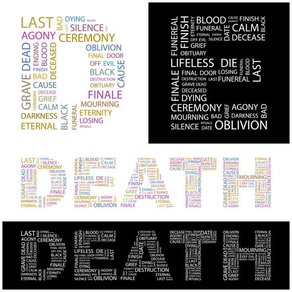 Muerte. collage palabra sobre fondo negro . — Vector de stock