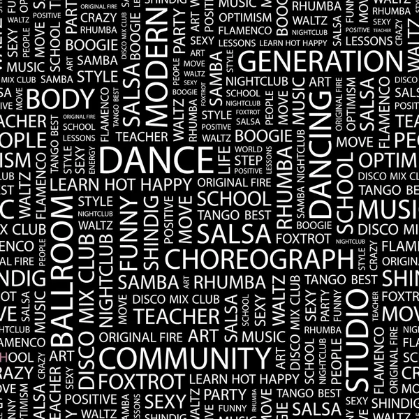 DANCE. Seamless vector pattern with word cloud. — Stock Vector