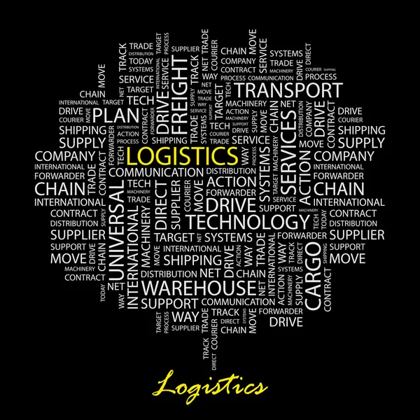 Logistics. λέξη κολάζ σε μαύρο φόντο. — Διανυσματικό Αρχείο