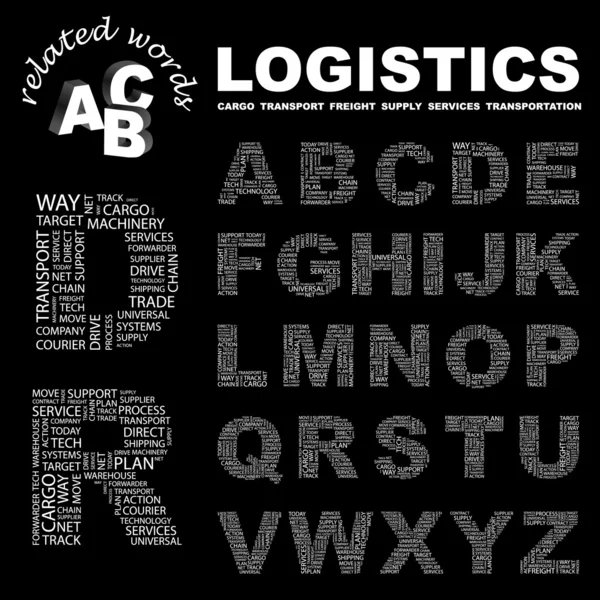 Logistik. Wortcollage auf schwarzem Hintergrund. — Stockvektor