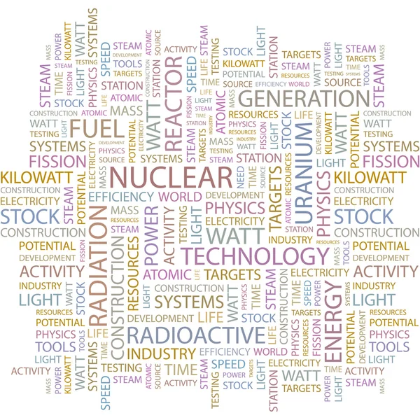 Πυρηνική. λέξη κολάζ σε λευκό αμουδερές — Διανυσματικό Αρχείο