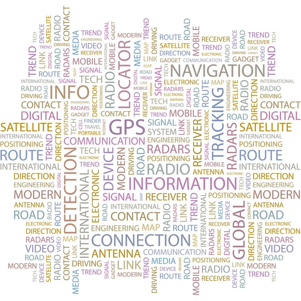 GPS. collage palabra sobre fondo blanco . — Archivo Imágenes Vectoriales