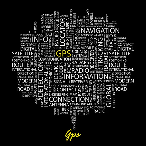 GPS. slovo koláž na černém pozadí. — Stockový vektor