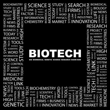 BIOTECH. Word collage on black background clipart