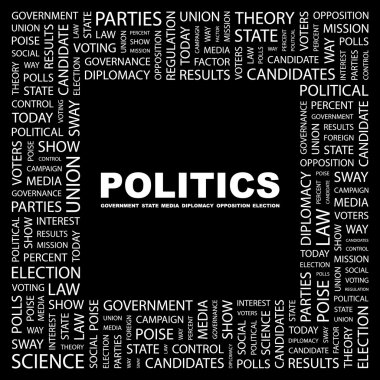 POLITICS. Word collage on black background clipart