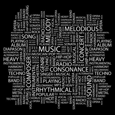 MUSIC. Word collage on black background clipart