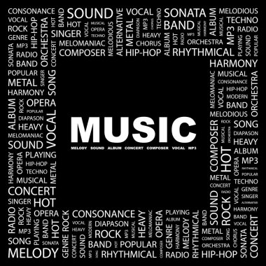 MUSIC. Word collage on black background clipart
