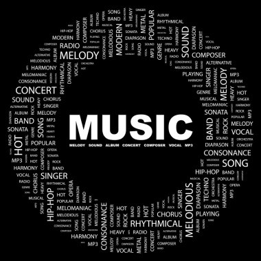 MUSIC. Word collage on black background clipart