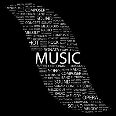 MUSIC. Word collage on black background clipart