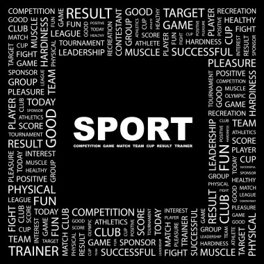 SPORT. Word collage on black background clipart