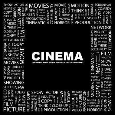 CINEMA. Word collage on black background clipart