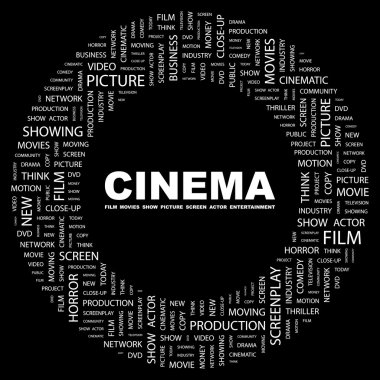 CINEMA. Word collage on black background clipart